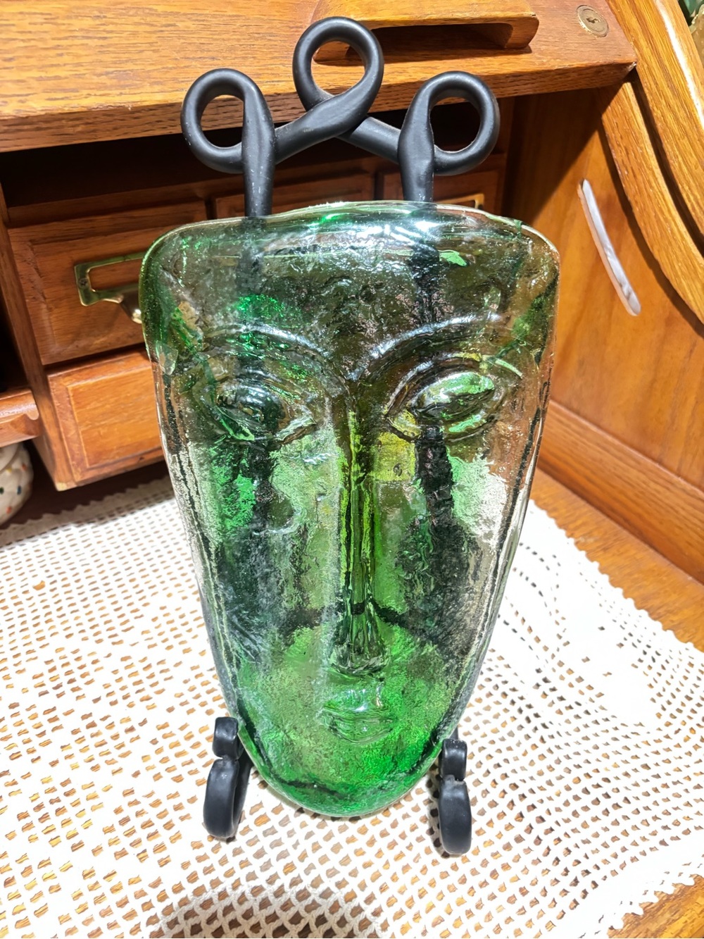 Green Glass Face Sculpture Wall Art